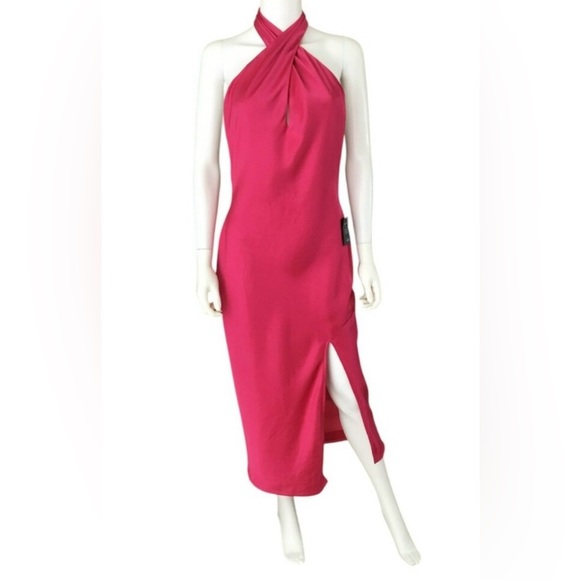 Lulus NWT Women’s “Beyond Classy” Hot Pink Satin Halter Midi Dress. Size Medium. - Picture 13 of 16